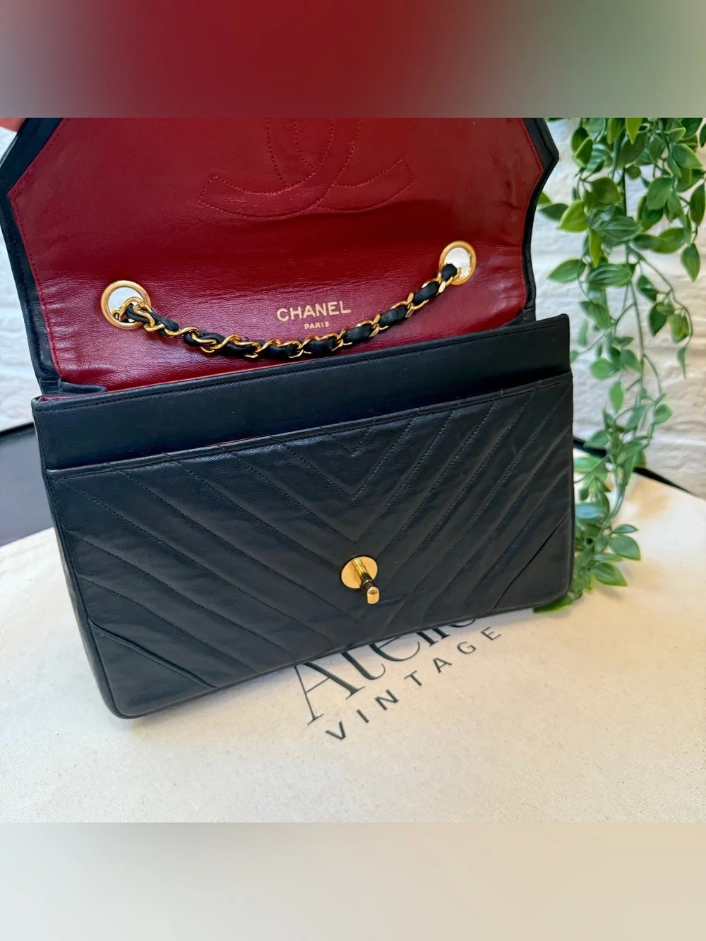 CHANEL Rare Early‑80s Chevron Lambskin Turnlock Envelope Bag 24K Gold‑Plated